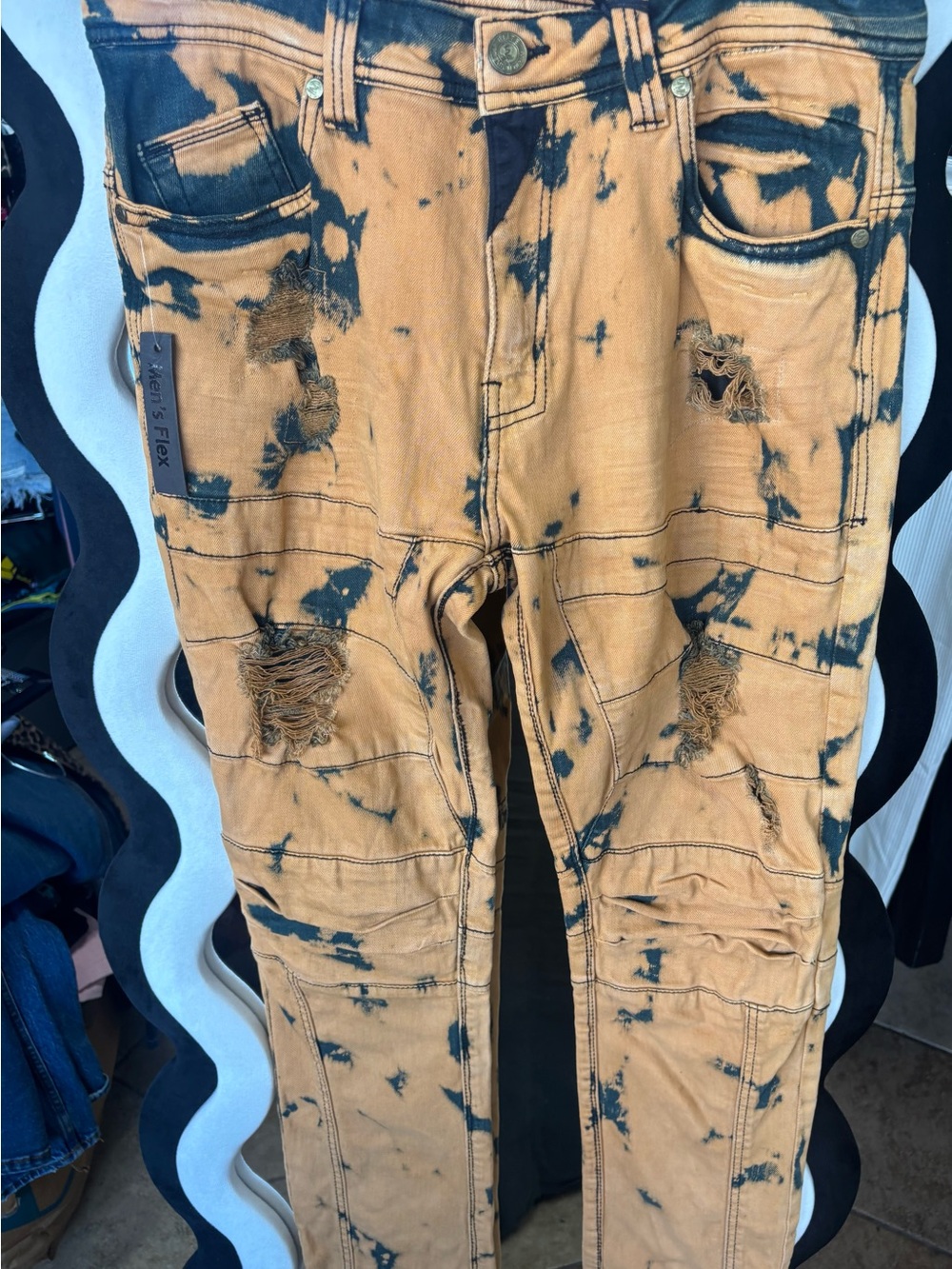 Ecko Unlimited Men's Distressed Tie-Dye Orange and Black Jeans